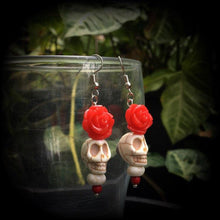 Load image into Gallery viewer, Los Muertos earrings Skull Red Rose Stone Day of the Dead Mexican earrings Halloween Tunnel earrings Plug earrings  Tunnel dangles 2g 4g 6g