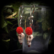 Load image into Gallery viewer, Los Muertos ear weights Skull ear hangers Rose Tunnel dangles Stone plug earrings Day of the Dead Halloween Tunnel earrings 00g 0g 2g 4g 6g
