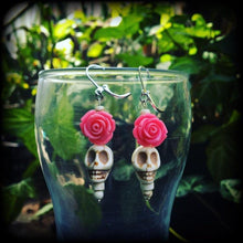 Load image into Gallery viewer, Skull and rose earrings Day of the Dead earrings Los Muertos earrings Pink rose earrings Plug earrings Halloween earrings Pierced ears Rosa