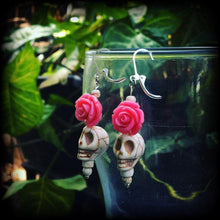 Load image into Gallery viewer, Skull and rose earrings Day of the Dead earrings Los Muertos earrings Pink rose earrings Plug earrings Halloween earrings Pierced ears Rosa