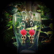 Load image into Gallery viewer, Stone ear weight Skull Ear hanger Day of the Dead Voodoo Plug dangles Rosa Tunnel dangles Halloween Tunnel earrings 00g 0g 2g 4g 6g 8g 10g