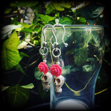 Load image into Gallery viewer, Stone ear weight Skull Ear hanger Day of the Dead Voodoo Plug dangles Rosa Tunnel dangles Halloween Tunnel earrings 00g 0g 2g 4g 6g 8g 10g