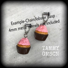 Load image into Gallery viewer, Cupcake earrings for pierced ears or stretched lobes, Food earrings, Muffin earrins, Cake earrings, Tunnel dangles, Ear hangers, Gauges
