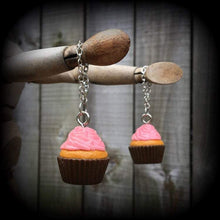 Load image into Gallery viewer, Cupcake earrings for pierced ears or stretched lobes, Food earrings, Muffin earrins, Cake earrings, Tunnel dangles, Ear hangers, Gauges