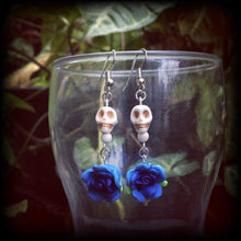 Load image into Gallery viewer, Halloween earrings Skull ear hangers Tunnel dangles Plug earrings Day of the Dead Los Muertos Pierced ears Frost Bite Hanging gauges 8g 6g 4