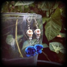 Load image into Gallery viewer, Halloween earrings Skull ear hangers Tunnel dangles Plug earrings Day of the Dead Los Muertos Pierced ears Frost Bite Hanging gauges 8g 6g 4