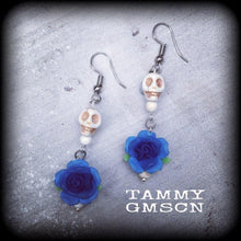 Load image into Gallery viewer, Halloween earrings Skull ear hangers Tunnel dangles Plug earrings Day of the Dead Los Muertos Pierced ears Frost Bite Hanging gauges 8g 6g 4