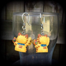 Load image into Gallery viewer, Maneki Neko earrings for stretched lobes, Happy Cat ear weights, Japanese Beckoning Cat, Plug dangles, Hanging gauges, Tunnel dangles, Gauge