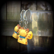 Load image into Gallery viewer, Maneki Neko earrings for stretched lobes, Happy Cat ear weights, Japanese Beckoning Cat, Plug dangles, Hanging gauges, Tunnel dangles, Gauge