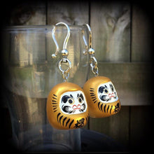 Load image into Gallery viewer, Daruma earrings, Japanese earrings, Kawaii earrings, Prosperity charm, Wealth charm, Bodhidharma, Tunnel dangles, Plug earrings, Pierced ear