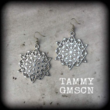 Load image into Gallery viewer, Metatrons cube earrings, Sacred Geometry, Geometric earrings, Hexagon earrings, Fractal jewelry, Platonic solids, Large earrings, Heavy 0g