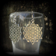Load image into Gallery viewer, Metatrons cube earrings, Sacred Geometry, Geometric earrings, Hexagon earrings, Fractal jewelry, Platonic solids, Large earrings, Heavy 0g
