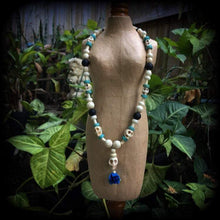 Load image into Gallery viewer, Los Muertos necklace Day of the Dead necklace Rose necklace Santeria Voodoo Inverted Cross Halloween necklace Frost Bite Samhain Blue Rose