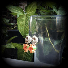 Load image into Gallery viewer, Rockabilly earrings, Halloween earrings, Ear hangers, Day of the Dead, Skull Rose earrings, Plug earrings, Los Muertos jewelry, Tunnels