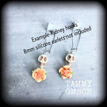 Load image into Gallery viewer, Rockabilly earrings, Halloween earrings, Ear hangers, Day of the Dead, Skull Rose earrings, Plug earrings, Los Muertos jewelry, Tunnels