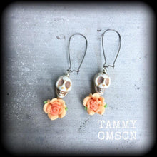 Load image into Gallery viewer, Rockabilly earrings, Halloween earrings, Ear hangers, Day of the Dead, Skull Rose earrings, Plug earrings, Los Muertos jewelry, Tunnels