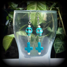 Load image into Gallery viewer, Skull earrings Cross earrings Day of the Dead earrings Los Muertos earrings Halloween earrings Tunnel earrings Hanging gauges Frost Bite 2g