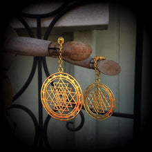 Load image into Gallery viewer, Sri Yantra tunnel dangles, Hanging gauges, Plug earrings, Gauged earrings, Ear Hangers, Chakra weights, Esoteric ear weights 6mm 2 gauge 8mm