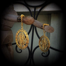 Load image into Gallery viewer, Sri Yantra tunnel dangles, Hanging gauges, Plug earrings, Gauged earrings, Ear Hangers, Chakra weights, Esoteric ear weights 6mm 2 gauge 8mm