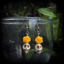 Load image into Gallery viewer, Rockabilly earrings Halloween earrings Day of the Dead Skull Rose earrings Santeria Voodoo Los Muertos Kidney hook French hooks Pierced ears
