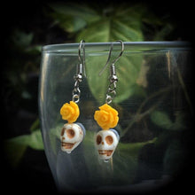 Load image into Gallery viewer, Rockabilly earrings Halloween earrings Day of the Dead Skull Rose earrings Santeria Voodoo Los Muertos Kidney hook French hooks Pierced ears