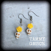 Load image into Gallery viewer, Rockabilly earrings Halloween earrings Day of the Dead Skull Rose earrings Santeria Voodoo Los Muertos Kidney hook French hooks Pierced ears