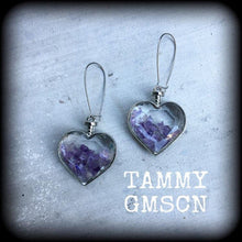 Load image into Gallery viewer, Amethyst earrings Heart earrings Valentines Gemstone Crystal Pierced ears Gauged earrings Plug earrings Dangly plugs Ear hangers Ear weights