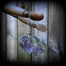 Load image into Gallery viewer, Amethyst earrings Heart earrings Valentines Gemstone Crystal Pierced ears Gauged earrings Plug earrings Dangly plugs Ear hangers Ear weights