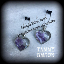 Load image into Gallery viewer, Amethyst earrings Heart earrings Valentines Gemstone Crystal Pierced ears Gauged earrings Plug earrings Dangly plugs Ear hangers Ear weights