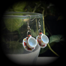 Load image into Gallery viewer, Tea cup earrings Tea Party Heart earrings Tea cup jewelry Alice in Wonderland 5mm Tunnel earrings 4mm Tunnel dangles 3mm Plug earrings Plugs