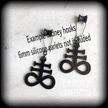 Load image into Gallery viewer, Brimstone earrings Occult earrings Church of Satan earrings Sigil of Sulphur 20g Plug dangles Earrings for stretched lobes and pierced ears