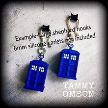 Load image into Gallery viewer, Tardis ear weights Phone box Dr Who Tom Baker Daleks Science Nerd Geek Plug earrings Gauged earrings Ear hangers Tunnel dangles 00g 0g 2g 4g