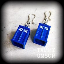 Load image into Gallery viewer, Tardis ear weights Phone box Dr Who Tom Baker Daleks Science Nerd Geek Plug earrings Gauged earrings Ear hangers Tunnel dangles 00g 0g 2g 4g