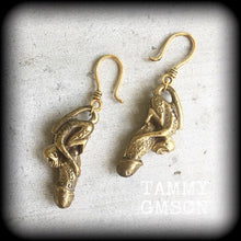Load image into Gallery viewer, Monkey earrings Thai luck amulet Palad khik Brass Tunnel earrings Love Sex Magick charm Success spell Gauged earrings Plug earrings 2g 4g 6g