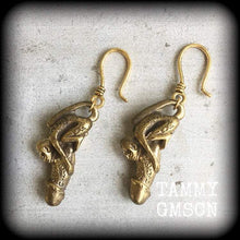 Load image into Gallery viewer, Monkey earrings Thai luck amulet Palad khik Brass Tunnel earrings Love Sex Magick charm Success spell Gauged earrings Plug earrings 2g 4g 6g