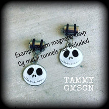Load image into Gallery viewer, Halloween ear hangers Jack Skellington Tunnel dangles 4mm plug earrings 6mm tunnel earrings Jack and Sally 8mm Gauged earrings 6mm 2g 0g 8mm