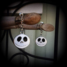 Load image into Gallery viewer, Halloween ear hangers Jack Skellington Tunnel dangles 4mm plug earrings 6mm tunnel earrings Jack and Sally 8mm Gauged earrings 6mm 2g 0g 8mm