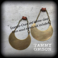 Load image into Gallery viewer, 0 gauge ear hangers Brass Moon earrings Statement earrings Warrior earrings Plug earrings Artemis jewelry Tunnel earrings Goddess jewelry