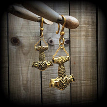 Load image into Gallery viewer, 2 gauge ear weights Thors Hammer Ear hangers 0 gauge weights Rune earrings Plug dangles Gauged earrings Norse Tunnel dangles Gauges Runes 2g