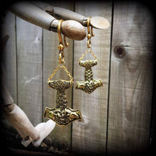 Load image into Gallery viewer, 2 gauge ear weights Thors Hammer Ear hangers 0 gauge weights Rune earrings Plug dangles Gauged earrings Norse Tunnel dangles Gauges Runes 2g