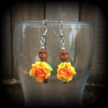 Load image into Gallery viewer, Halloween earrings Skull ear hangers Day of the Dead Skull Rose earrings Santeria Voodoo Los Muertos Cinco de Mayo Tunnel dangles 0g 2g 4g