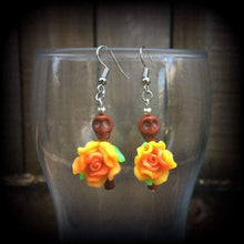 Load image into Gallery viewer, Halloween earrings Skull ear hangers Day of the Dead Skull Rose earrings Santeria Voodoo Los Muertos Cinco de Mayo Tunnel dangles 0g 2g 4g