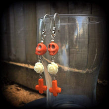 Load image into Gallery viewer, Skull earrings Halloween earrings Day of the Dead earrings Rose earrings Santeria jewelry Voodoo jewelry Los Muertos jewelry Inverted Cross