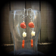 Load image into Gallery viewer, Skull earrings Halloween earrings Day of the Dead earrings Rose earrings Santeria jewelry Voodoo jewelry Los Muertos jewelry Inverted Cross