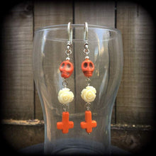 Load image into Gallery viewer, Skull earrings Halloween earrings Day of the Dead earrings Rose earrings Santeria jewelry Voodoo jewelry Los Muertos jewelry Inverted Cross