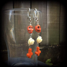 Load image into Gallery viewer, Skull earrings Halloween earrings Day of the Dead earrings Rose earrings Santeria jewelry Voodoo jewelry Los Muertos jewelry Inverted Cross