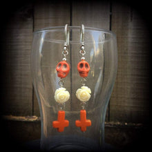 Load image into Gallery viewer, Skull earrings Halloween earrings Day of the Dead earrings Rose earrings Santeria jewelry Voodoo jewelry Los Muertos jewelry Inverted Cross
