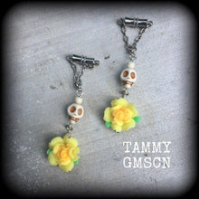 Load image into Gallery viewer, Day of the Dead earrings Skull earrings Rose earrings Santeria earrings Voodoo Los Muertos earrings Cinco de Mayo earrings Tunnel dangles