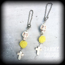 Load image into Gallery viewer, Cross earrings Halloween ear hangers Day of the Dead Skull Rose earrings Santeria Voodoo Los Muertos Plug earrings Tunnel dangles 0g 2g 4g