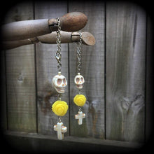 Load image into Gallery viewer, Cross earrings Halloween ear hangers Day of the Dead Skull Rose earrings Santeria Voodoo Los Muertos Plug earrings Tunnel dangles 0g 2g 4g